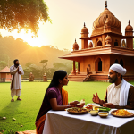 **Prompt:** A serene depiction of interfaith harmony: A Hindu temple and a Christian church standing side-by-side in a lush green landscape, bathed in the warm glow of a sunset. Include diverse people from both faiths engaging in friendly conversation and sharing food, symbolizing mutual respect and understanding. Focus on the artistic styles of both cultures.