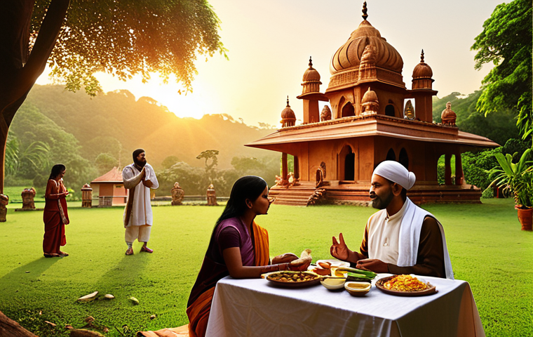**Prompt:** A serene depiction of interfaith harmony: A Hindu temple and a Christian church standing side-by-side in a lush green landscape, bathed in the warm glow of a sunset. Include diverse people from both faiths engaging in friendly conversation and sharing food, symbolizing mutual respect and understanding. Focus on the artistic styles of both cultures.