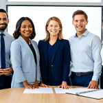 A diverse group of professional individuals, male and female, of varying ethnicities, engaged in a collaborative and positive meeting in a bright, modern, and spacious office environment. They are fully clothed in professional business attire, appearing focused and harmonious, with natural poses and perfect anatomy. Subtle elements in the background hint at a wellness-focused brand, such as elegantly displayed organic product packaging or minimalist yoga accessories, without being overtly promotional. The atmosphere conveys a sense of modern professionalism infused with authentic spiritual values and a commitment to well-being. This is a family-friendly image, appropriate content, safe for work, with correct proportions, well-formed hands, and natural body proportions.