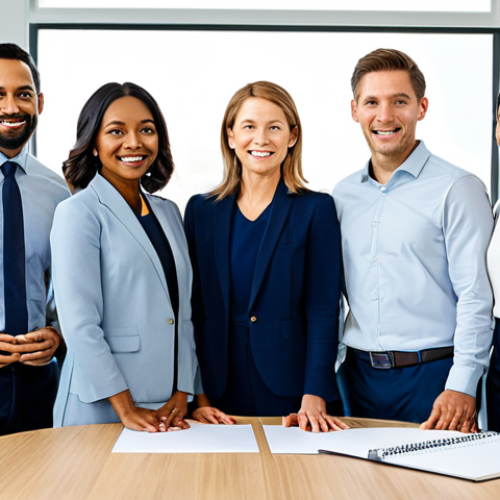 A diverse group of professional individuals, male and female, of varying ethnicities, engaged in a collaborative and positive meeting in a bright, modern, and spacious office environment. They are fully clothed in professional business attire, appearing focused and harmonious, with natural poses and perfect anatomy. Subtle elements in the background hint at a wellness-focused brand, such as elegantly displayed organic product packaging or minimalist yoga accessories, without being overtly promotional. The atmosphere conveys a sense of modern professionalism infused with authentic spiritual values and a commitment to well-being. This is a family-friendly image, appropriate content, safe for work, with correct proportions, well-formed hands, and natural body proportions.