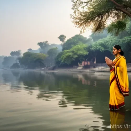 힌두교와 환경보호 - **Prompt:** A serene and majestic portrayal of the sacred Ganges River at dawn, reflecting the soft,...