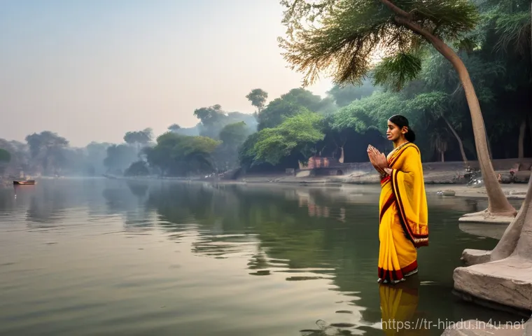 힌두교와 환경보호 - **Prompt:** A serene and majestic portrayal of the sacred Ganges River at dawn, reflecting the soft,...