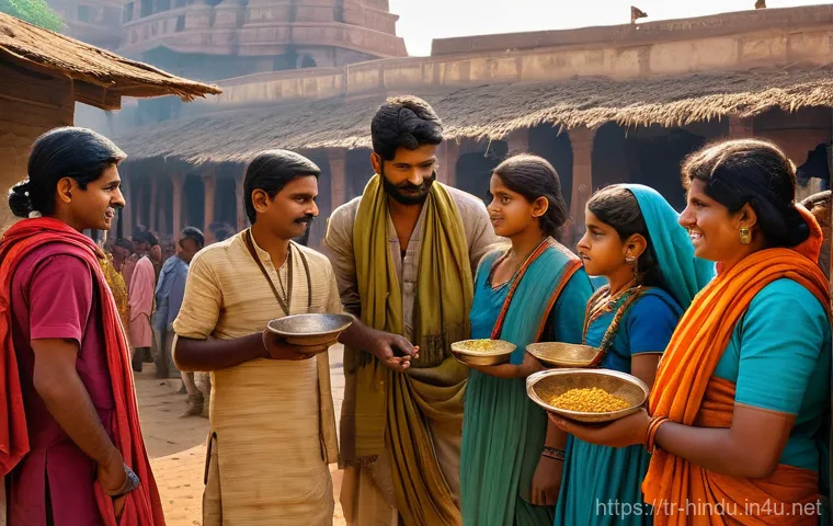 힌두교 카스트 제도 - **Prompt:** A vivid, historically inspired scene from ancient India, depicting a diverse group of pe...