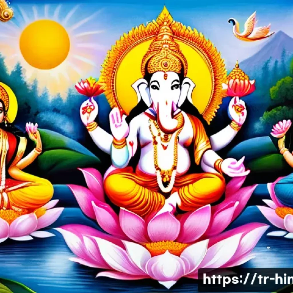 힌두교 신화 - **Prompt:** A vibrant, harmonious tableau of Hindu deities. In the center, Brahma is seated on a mag...