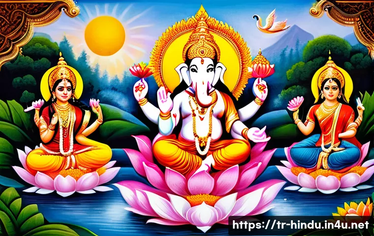 힌두교 신화 - **Prompt:** A vibrant, harmonious tableau of Hindu deities. In the center, Brahma is seated on a mag...